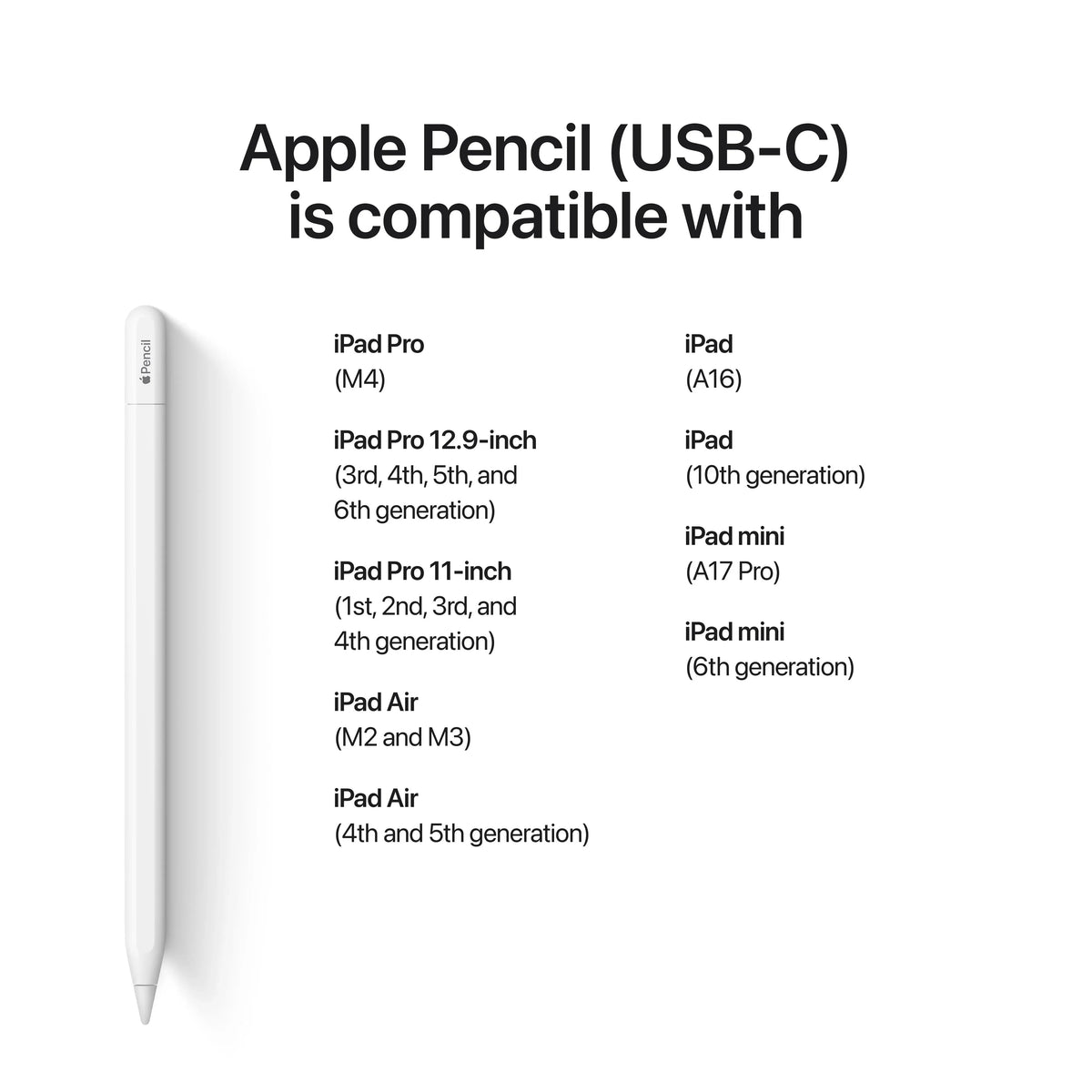 Apple Pencil (USB-C): Pixel-Perfect Precision, Tilt Sensitivity, and Industry-Leading Low Latency for Note-Taking, Drawing, and Signing Documents. Attaches Magnetically, Charges and Pairs with USB-C