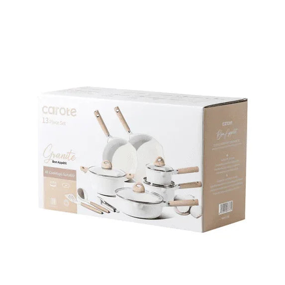 Carote Nonstick Pots and Pans Set, 13 Pieces Kitchen Cookware Sets Compatible for All Stoves, White Granite