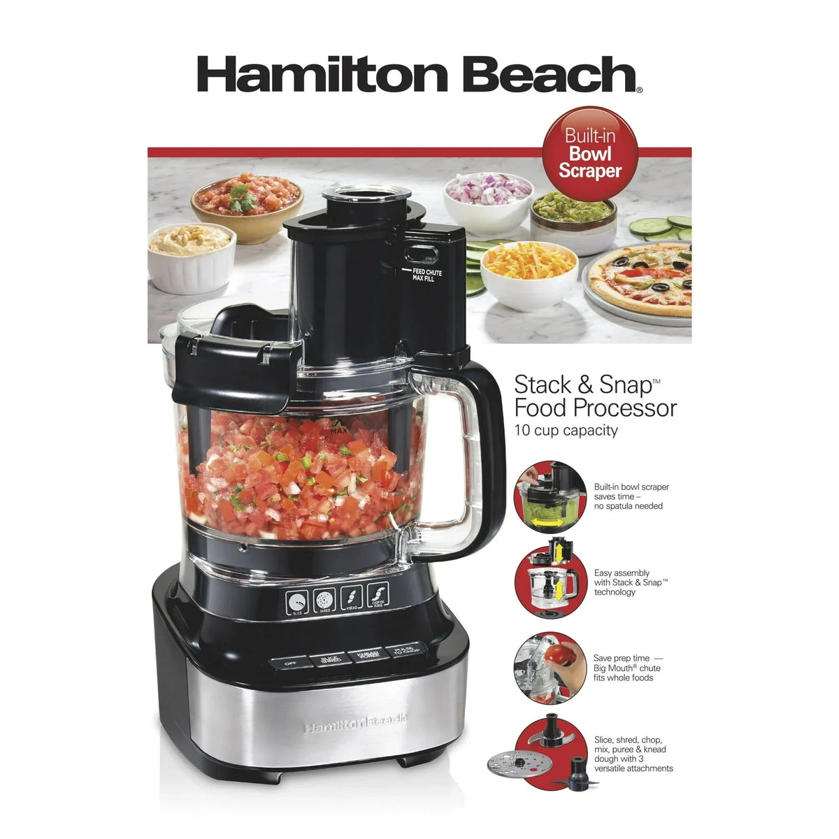 Hamilton Beach 10 Cup Food Processor and Chopper with Stack & Snap Design, Extra Large Chute and Bowl Scraper, Black