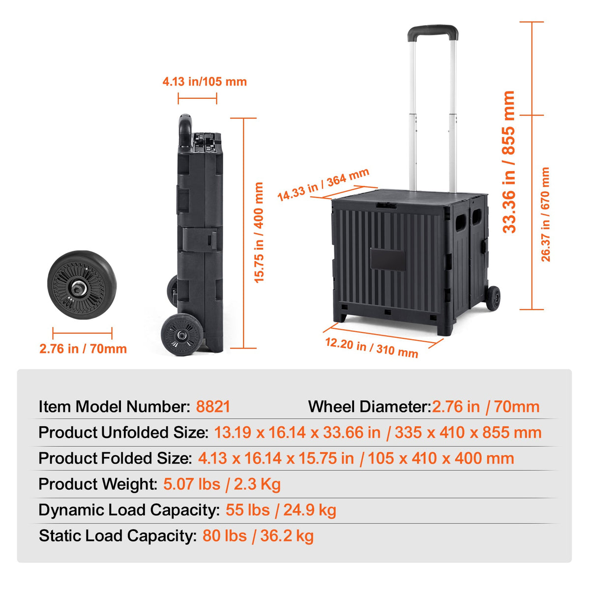 KFFKFF Folding Shopping Cart Foldable Utility Cart 80 lbs Telescopic Handle
