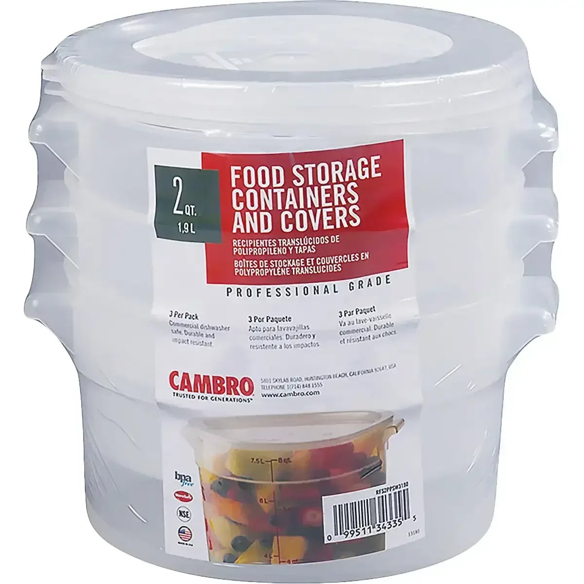 Cambro Round 2-Quart Food Storage Container with Lid, 3-count