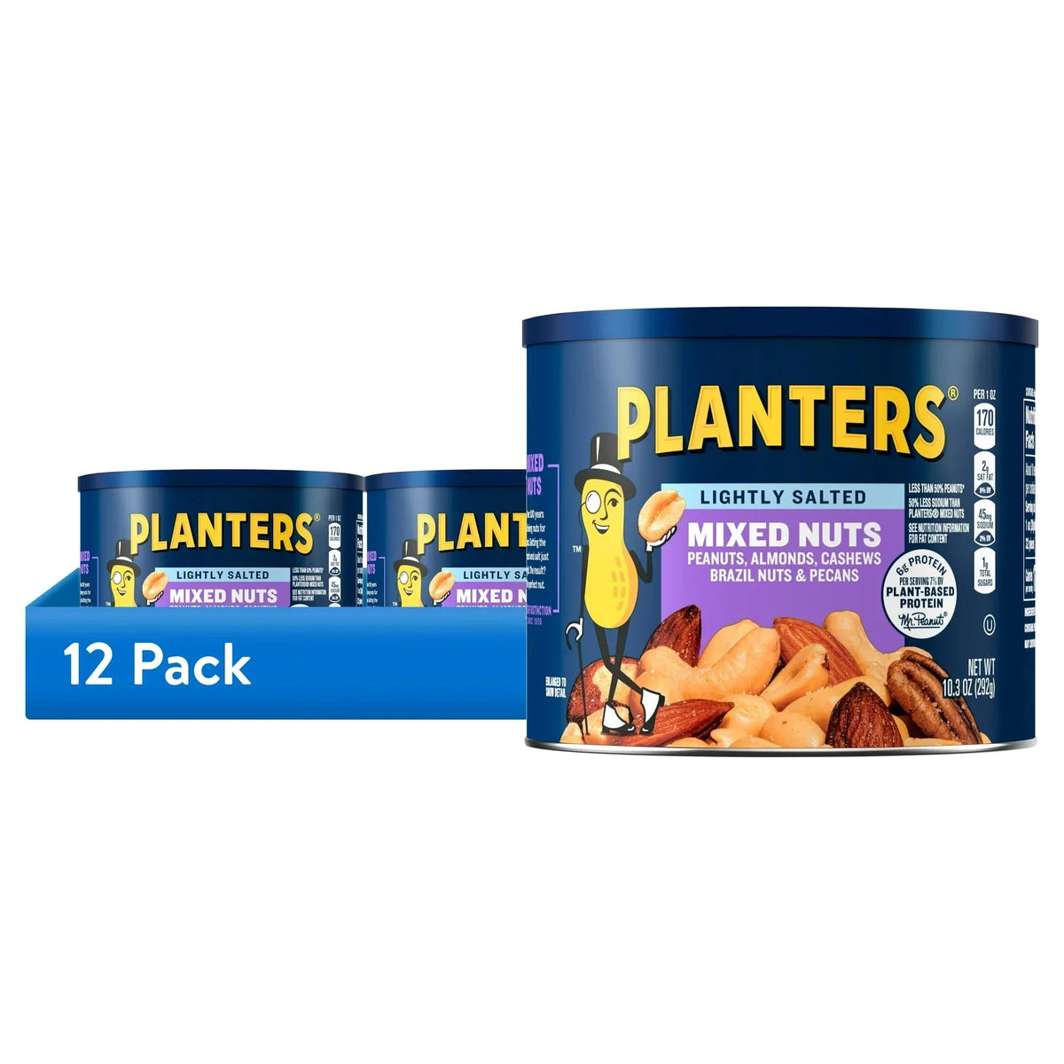 Planters Lightly Salted Mixed Nuts with Peanuts, Almonds, Cashews, Hazelnuts and Pecans, Plant Based Protein, 10.3 oz Canister