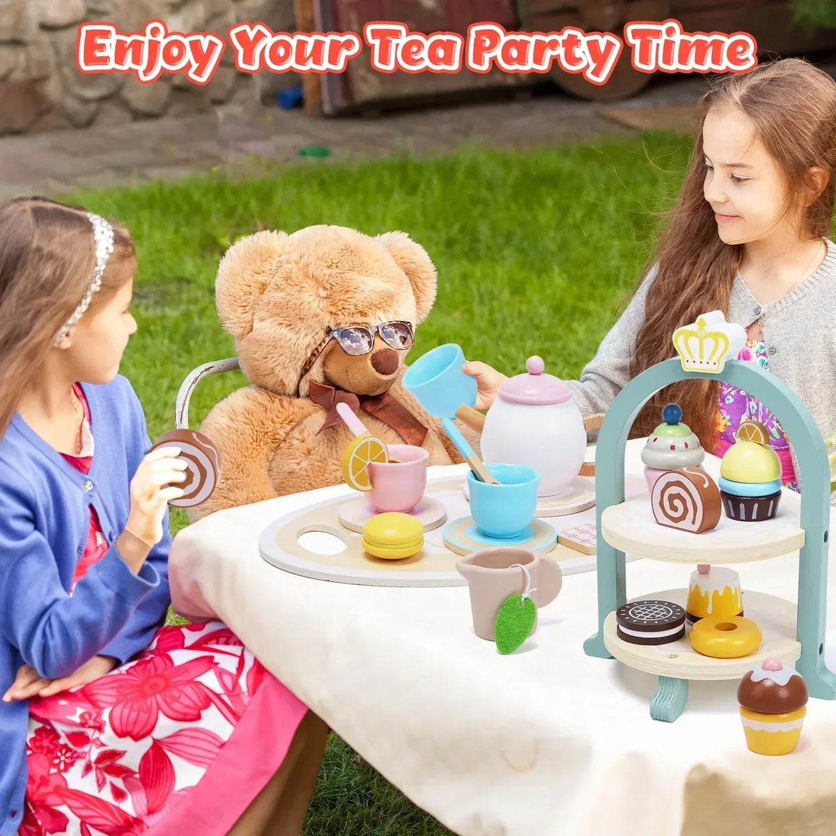 JoyStone Wooden Tea Party Set for Toddlers, Pretend Play Tea Sets for Kids with Storage Cupcake Stand, Wooden Toys Gifts for Girls & Boys