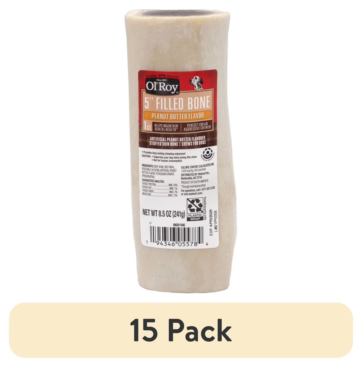 Ol' Roy 5" Stuffed Shin Dog Dry Chew Bone, Bacon & Cheese 1 Count