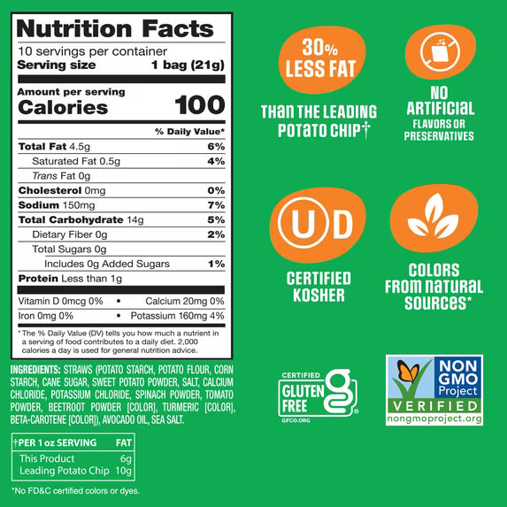 Sensible Portions Garden Veggie Straws Made with Avocado Oil, Sea Salt Flavor, 0.75 oz Snack Bag, 10 Count