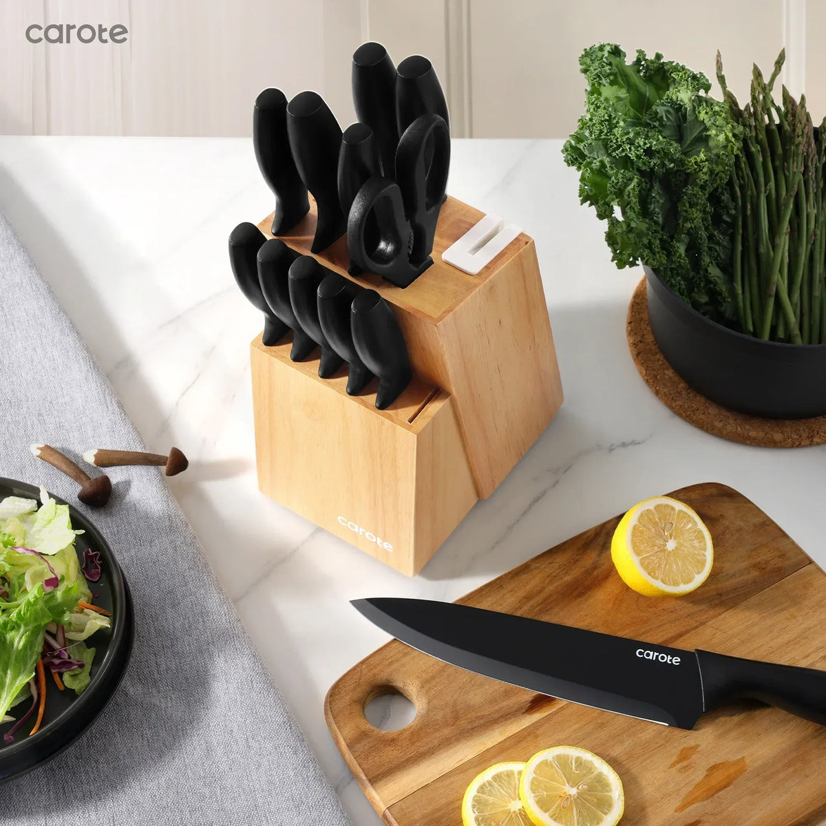 Carote 15-Piece Premium Kitchen Knife Set, Ceramic-Coated Blades with Stylish Wooden Block