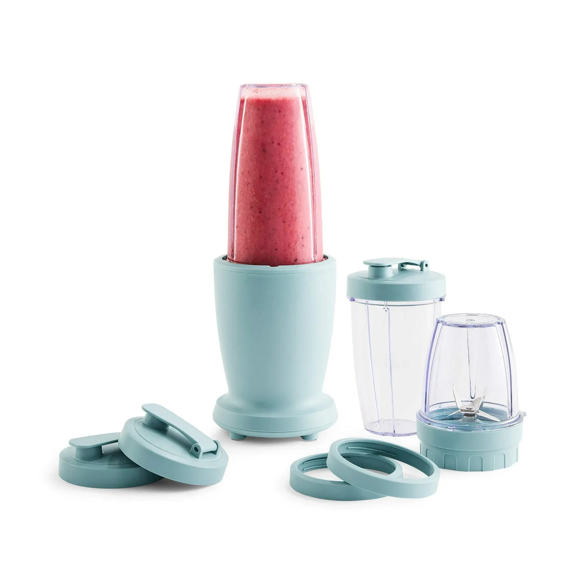 Mainstays 10-Piece Blender Set, Blue Cameo, 300W, with 3 Jars (10oz, 16oz, 18oz), 2 Drinking Lids, Stainless Steel Blade