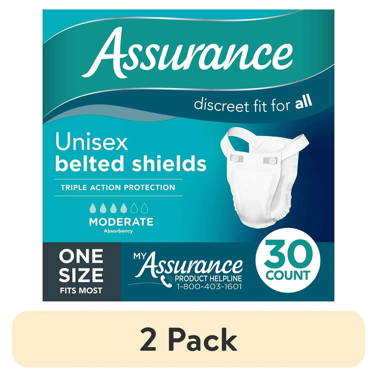 Assurance Unisex Incontinence Belted Shields, Moderate Absorbency, One Size Fits Most, 30 Count
