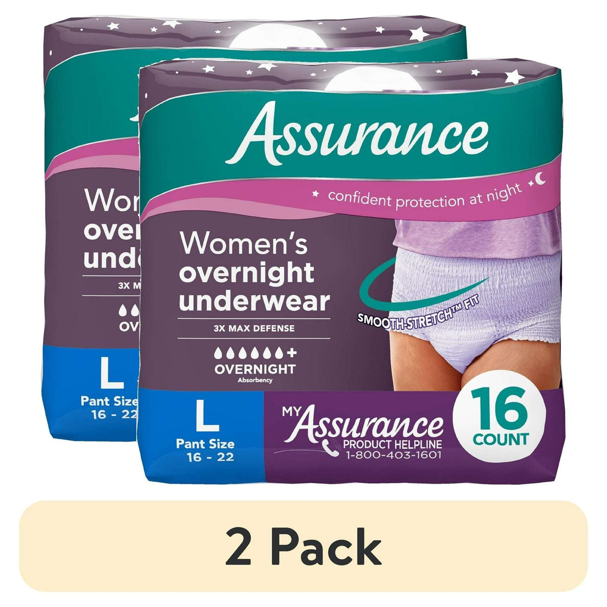 Assurance Women's Overnight Incontinence and Postpartum Underwear, L, Ultimate Absorbency, 16 Count