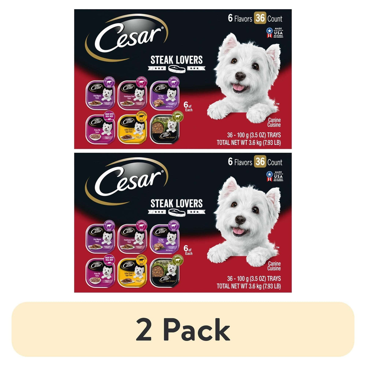 Cesar Steak Lovers Wet Dog Food Variety Pack, 3.5 Oz Trays (36 Pack)