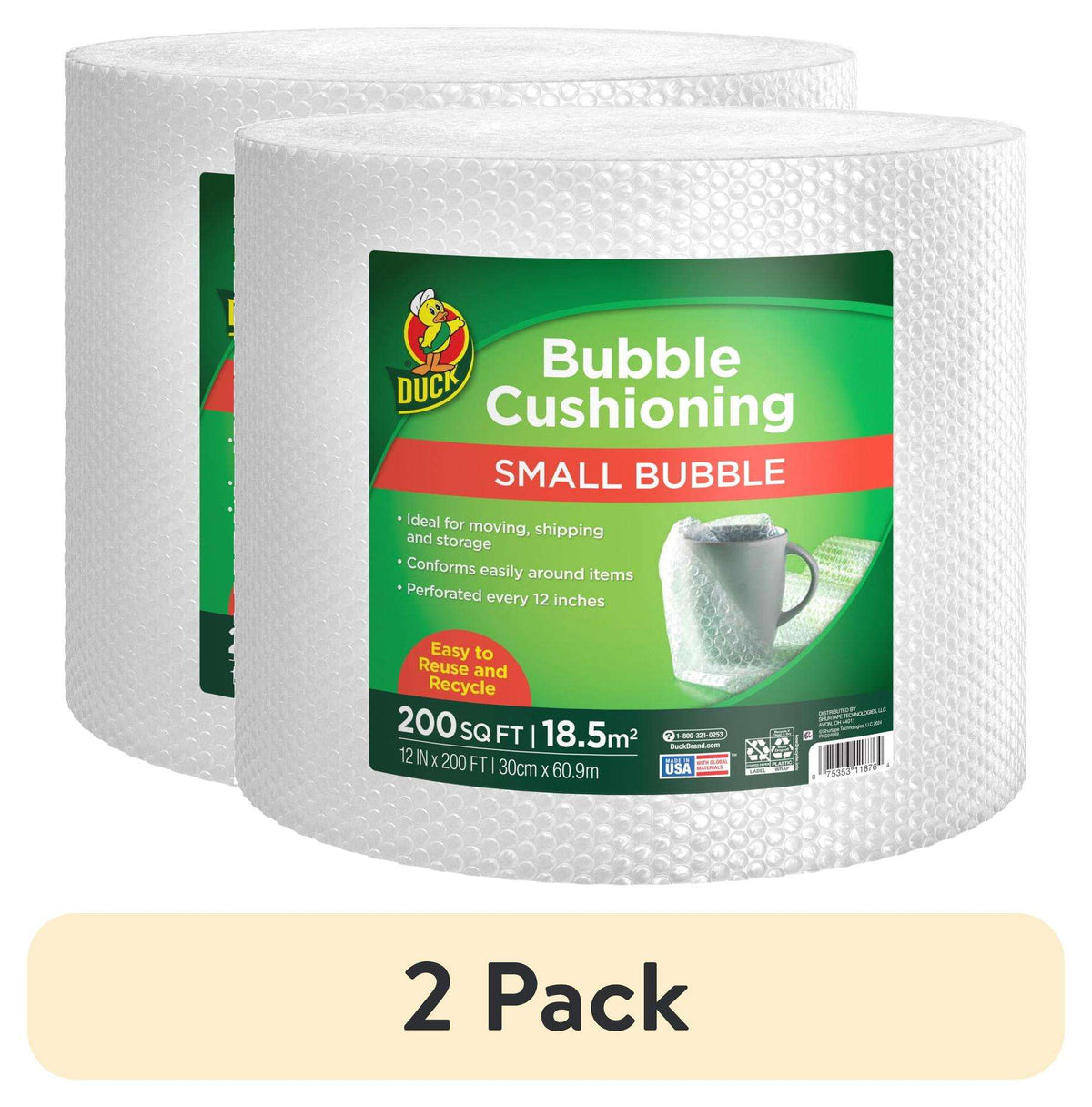 Duck Brand Small 1/8" Bubble Cushioning Wrap, 12" x 200'