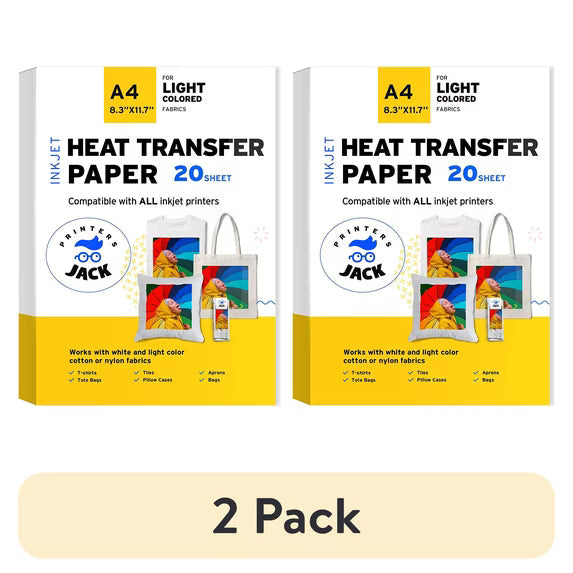 Printers Jack Iron on Heat Transfer Paper for White and Light Fabric, 1 Layer, 20 Sheets 8.3x11.7 inch