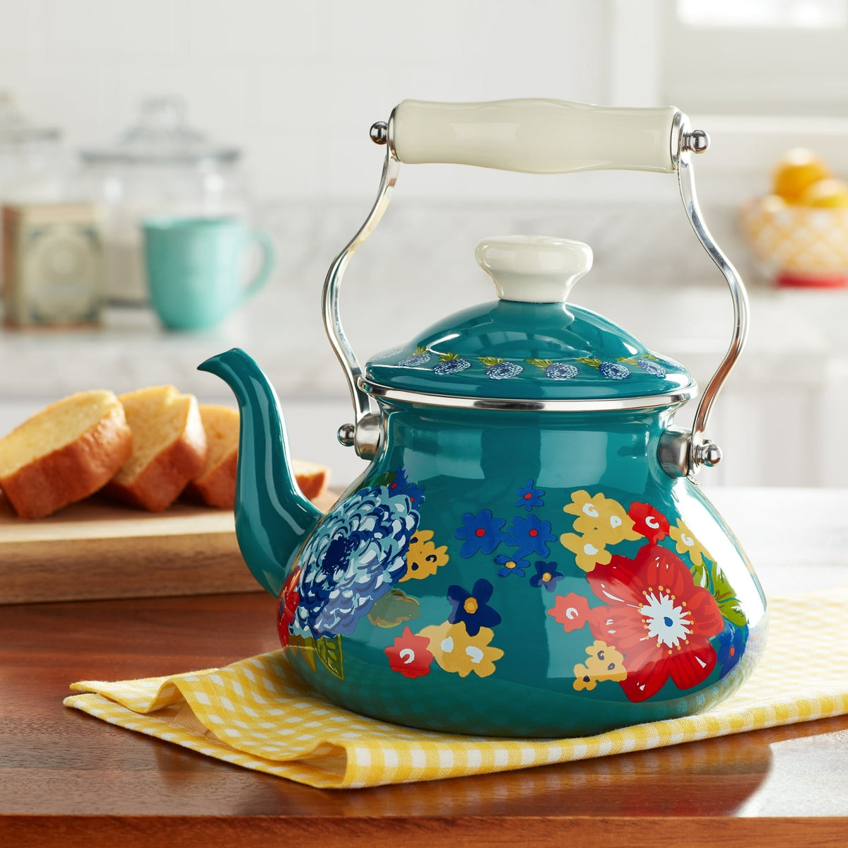 The Pioneer Woman Dazzling Dahlias Enamel on Steel 2 Quart Tea Kettle, Teal