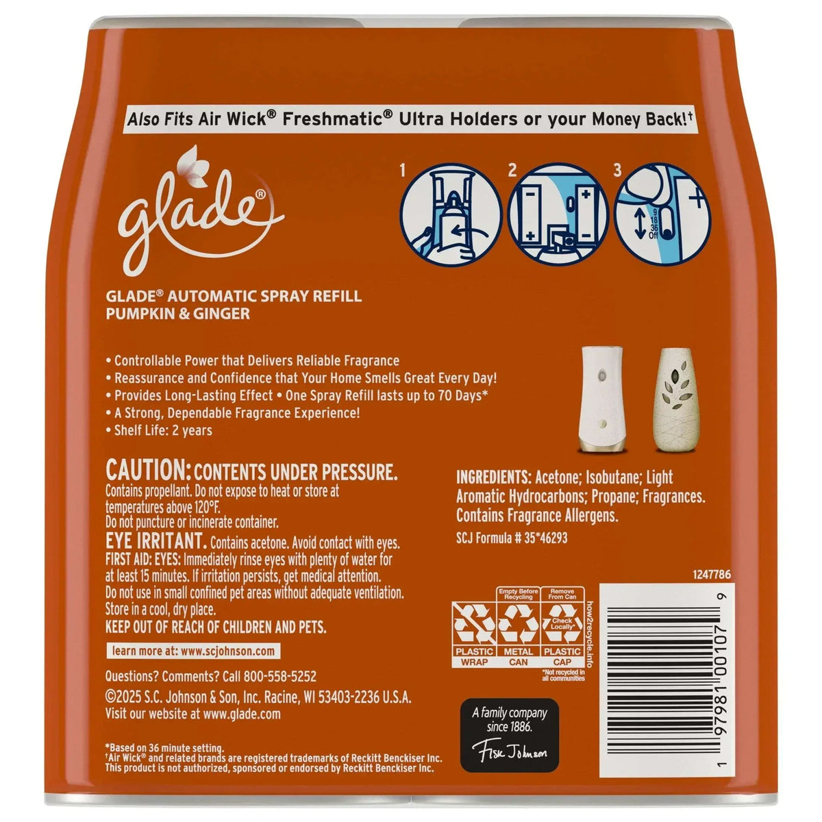 Glade® Automatic Spray Air Freshener Refill, Christmas Holiday Pumpkin & Ginger, 6.2oz., 2 Count