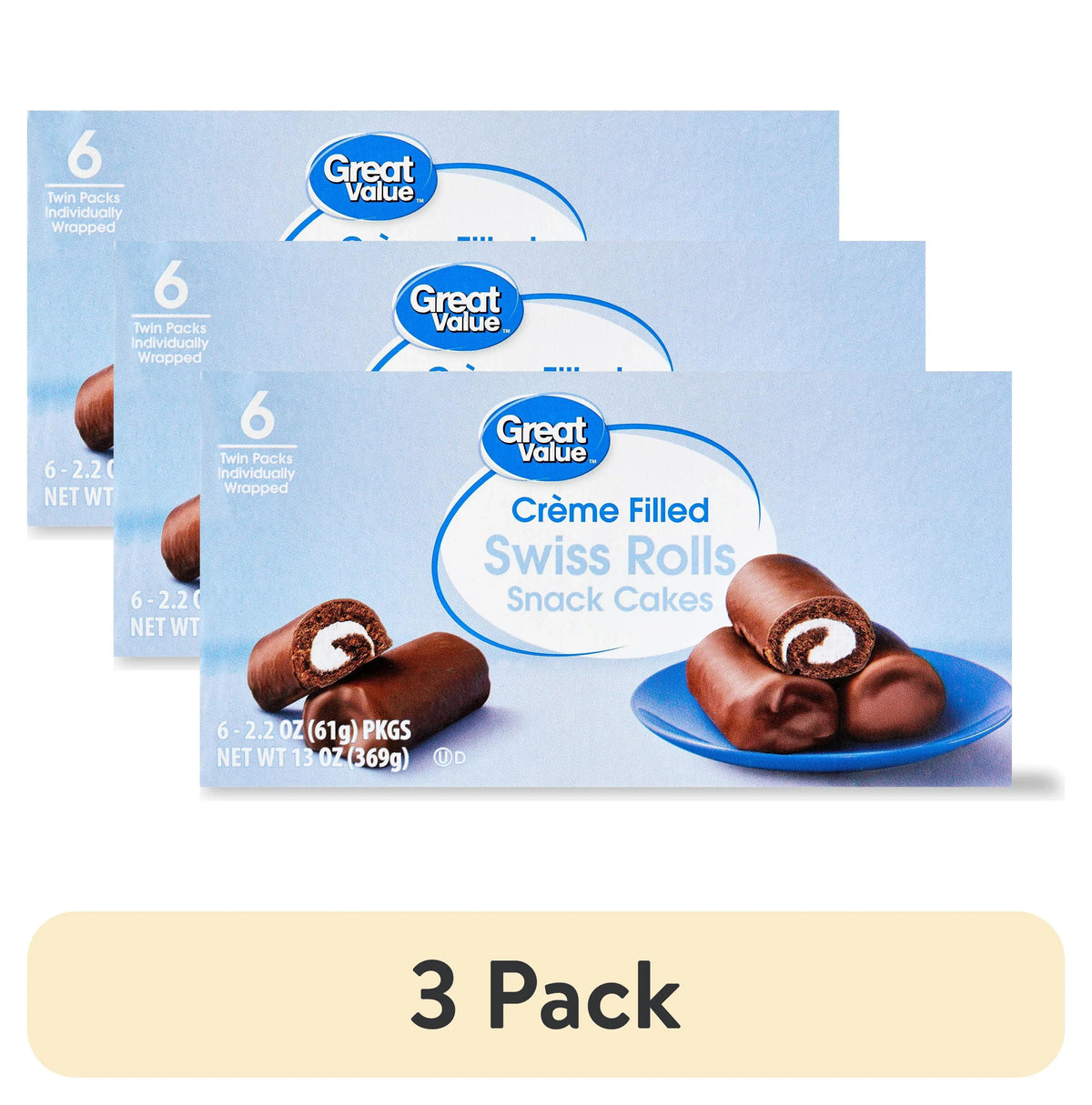 Great Value Creme Filled Swiss Rolls Snack Cakes, 13 oz, 6 Count