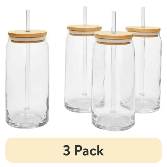 Mainstays Briar Can Glass Drinkware with Lids & Straws, Set of 4