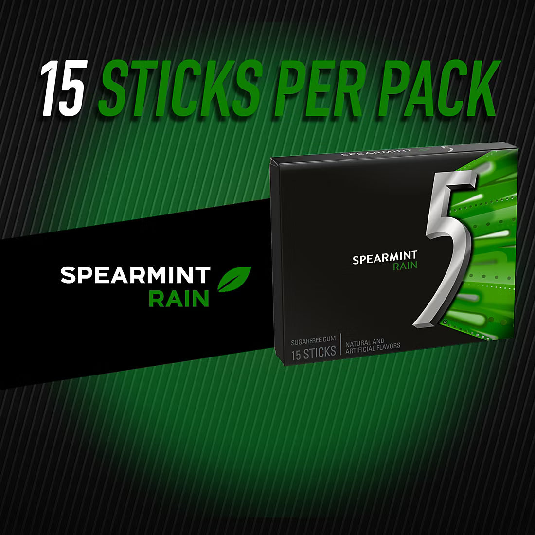 5 Gum Spearmint Rain Sugarfree Gum, 15 Sticks Per Pack, 10 pk.