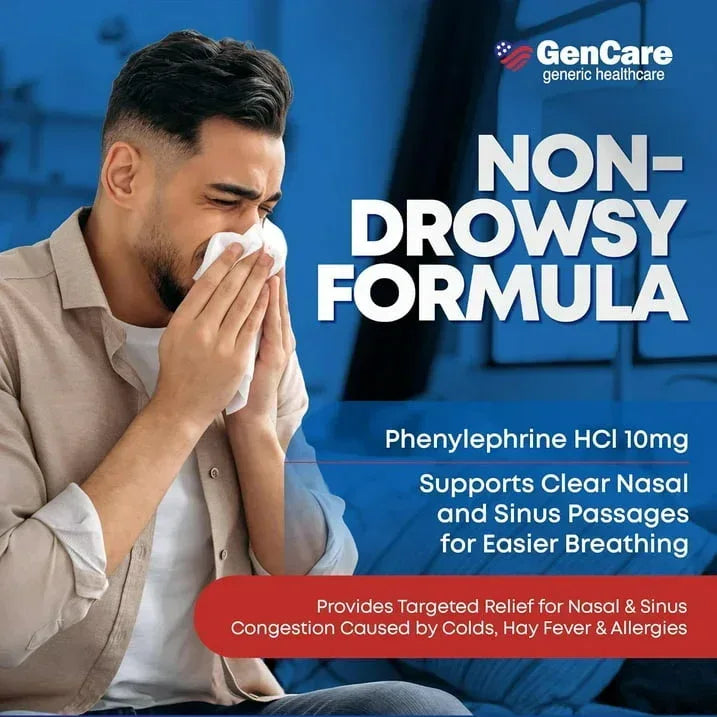 GenCare Nasal Decongestant Tablets, Phenylephrine HCl 10 mg, Non-Drowsy, 300 Count