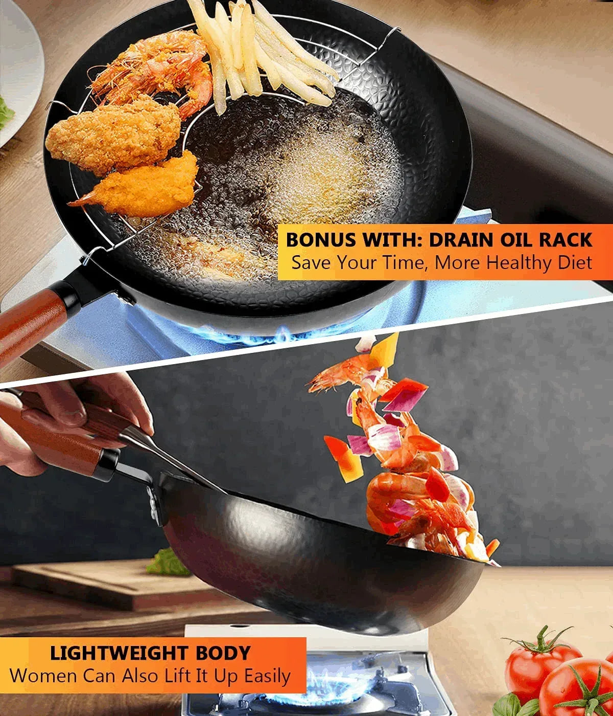 TAIMASI Carbon Steel Wok Pan, 14 Piece Woks & Stir-Fry Pans Set with Wooden Lid & Cookwares, Non-Stick Flat Bottom Chinese Woks Pan for Induction, 12.6''