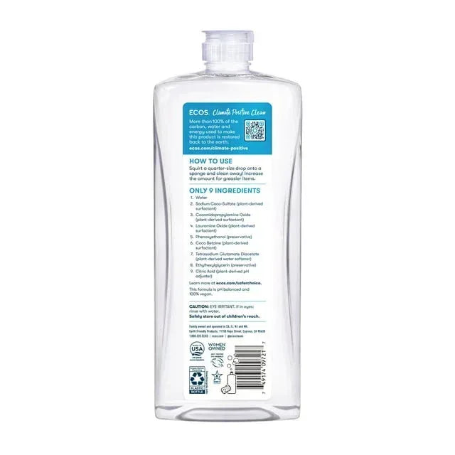 ECOS Hypoallergenic Liquid Dish Soap, Free & Clear, 25 Fluid Ounce