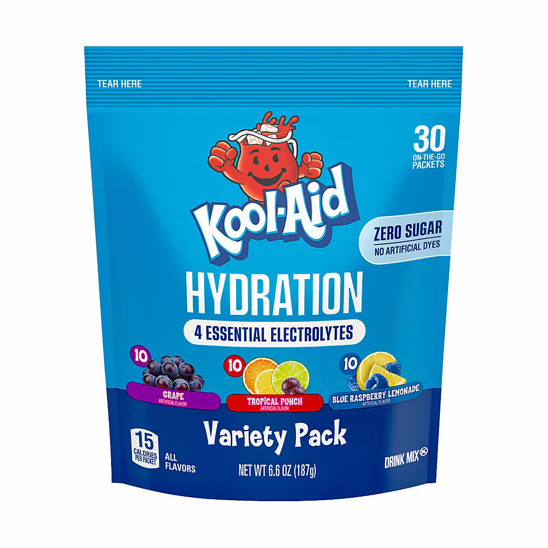 Kool-Aid Hydration Drink Mix, Grape, Tropical Punch & Blue Raspberry Lemonade, Variety, 30 ct./6.96 oz.