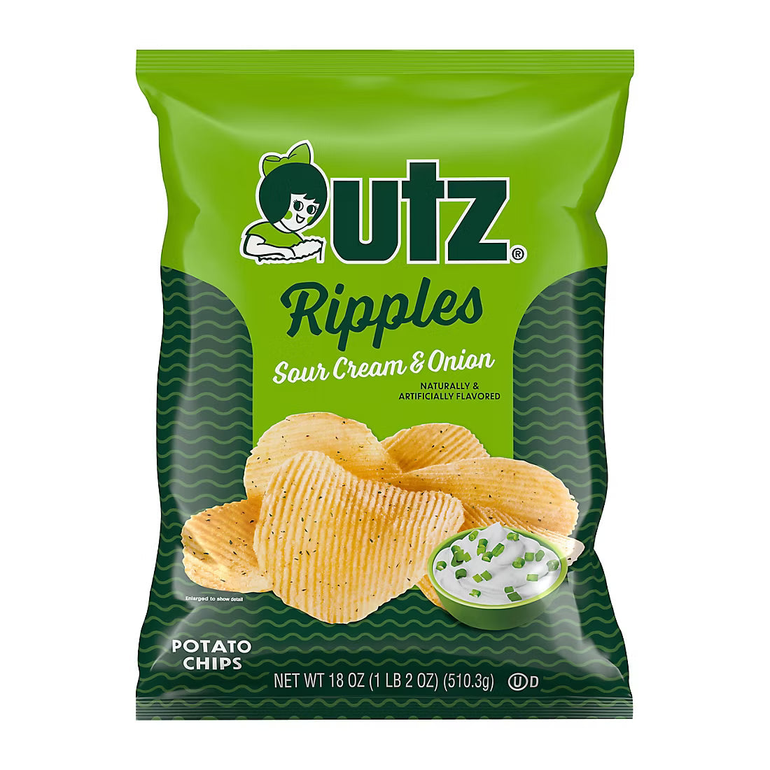 Utz Ripples Sour Cream & Onion Potato Chips, Gluten Free, Bag, 18 oz.