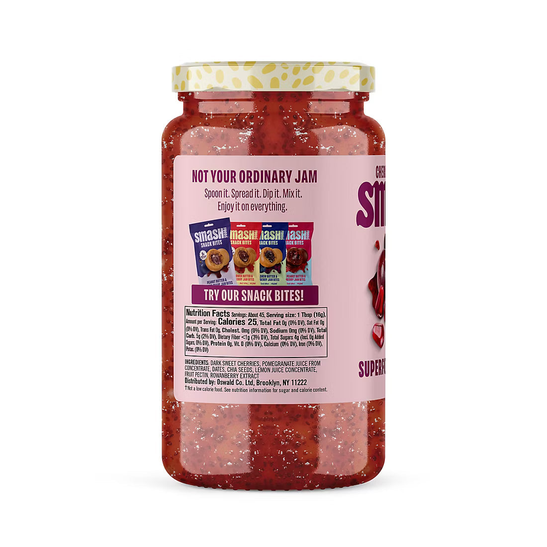 Smash Foods Cherry Pomegranate Superfood Fruit Spread, 60% Less Sugar, Non-GMO, Jar, 26 oz.