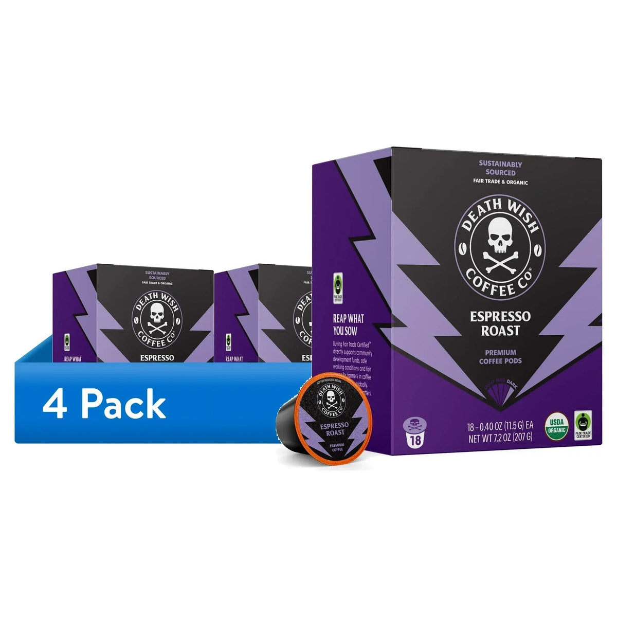Death Wish Coffee, Organic and Fair Trade, Espresso Roast, Single-Serve Coffee Pods, 18 Count