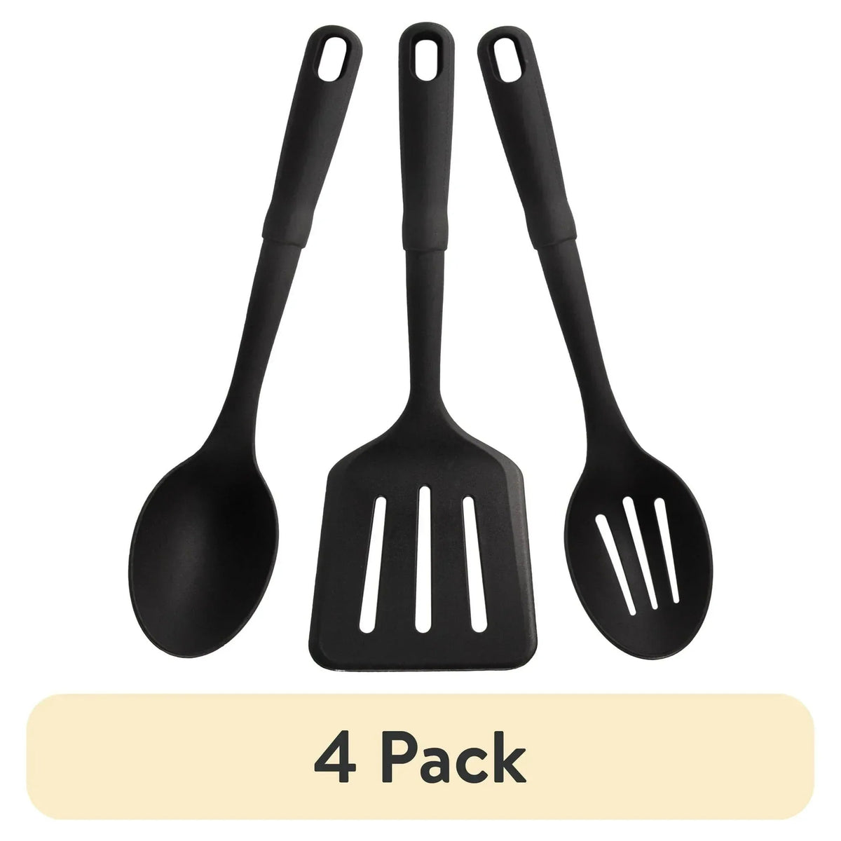 Mainstays 3-Piece Kitchen Utensil Set, Slotted Spatula, Slotted Spoon and Solid Spoon, Black, Nylon