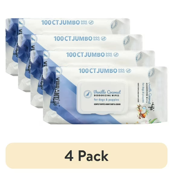 (18 pack) Vibrant Life Vanilla Coconut Deodorizing Wipes for Dogs & Puppies, 20 Count