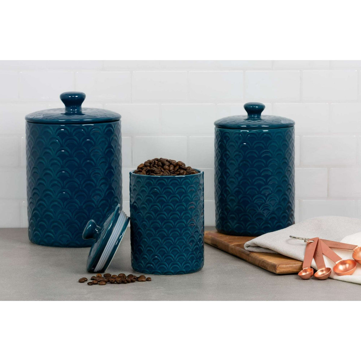 10 Strawberry Street Ocean 3-Piece Ceramic Food Storage Canister Set, Navy Blue, 24-Ounce, 38-Ounce, 72-Ounce