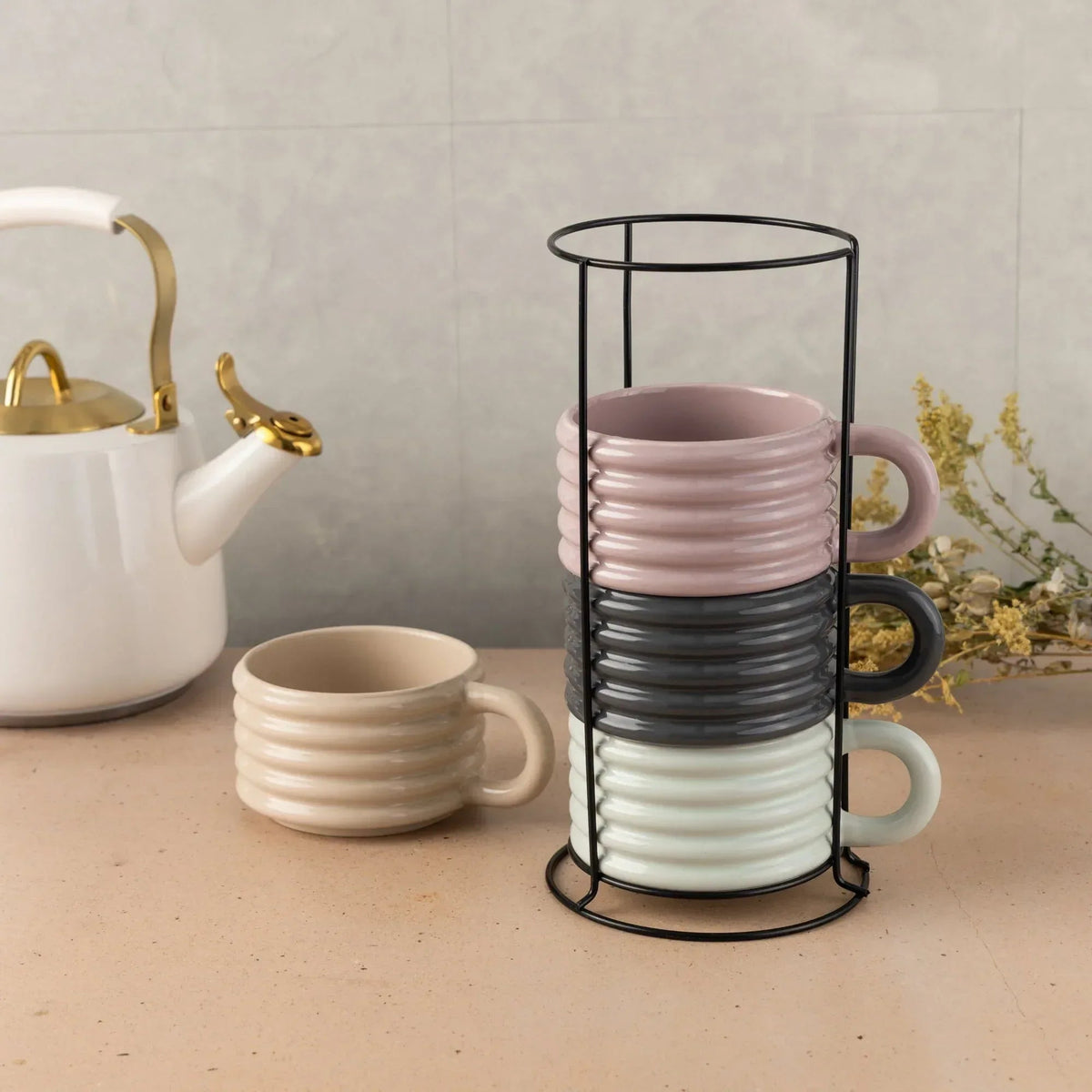 Thyme & Table 4-piece Ceramic Ribbed Stackable Mug Set with Rack, 12 fl oz
