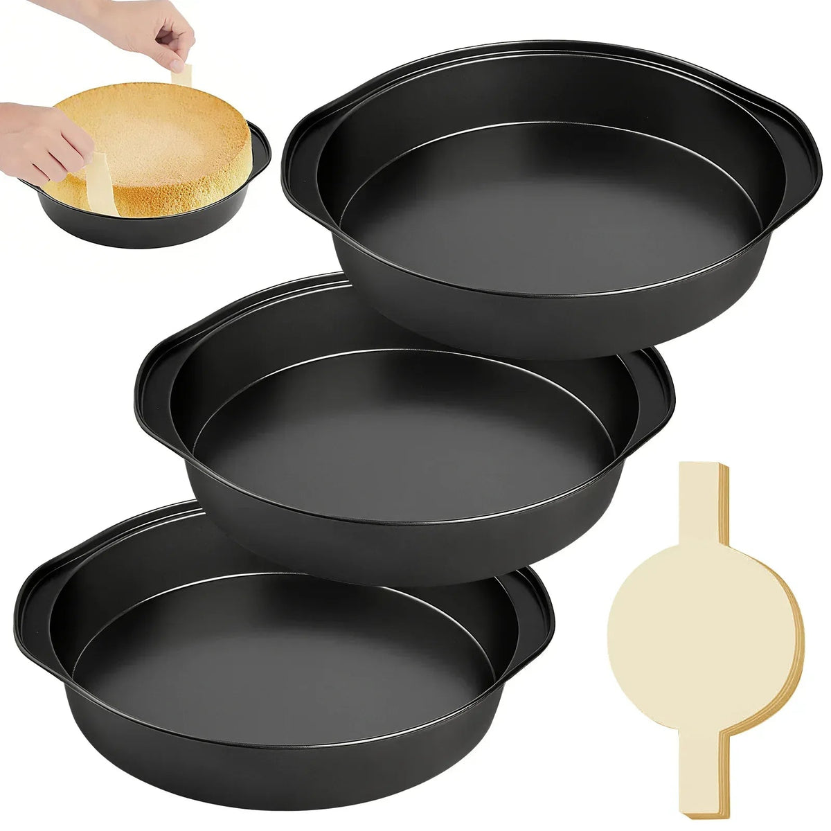 Godance 8-Inch Round Cake Pan Set of 3, Nonstick Baking Cake Pans with 100 Pieces Pre-cut Parchment Paper, Carbon Steel Cake Baking Pans with Handle, Circle Cake Pans Sets for Baking, Dishwasher Safe