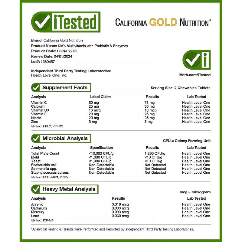 California Gold Nutrition, Chewable Multivitamins with Probiotics, Enzymes, Vitamin A and Vitamin C for Children, Assorted Fruit, 60 Vegetarian Tablets