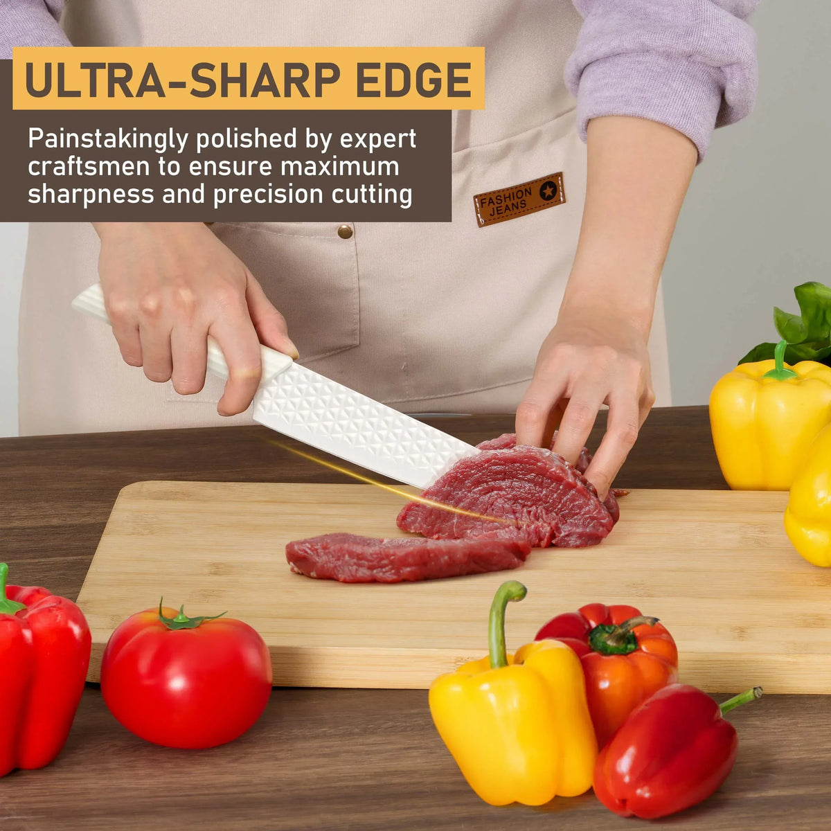 Vesteel Kitchen Knife Set of 7, Professional Stainless Steel Knives Set for Kitchen with Universal Knife Block - Khaki