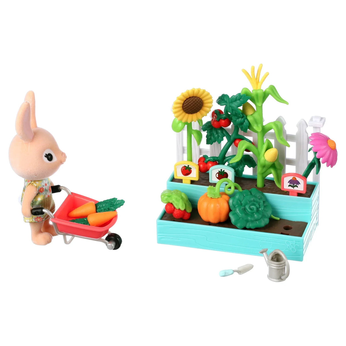Honey Bee Acres Time to Garden Playset – 16 Piece Miniature Dollhouse Set with Bunny Figure, Wheelbarrow, Vegetables & More – Dolls for Kids Ages 3+