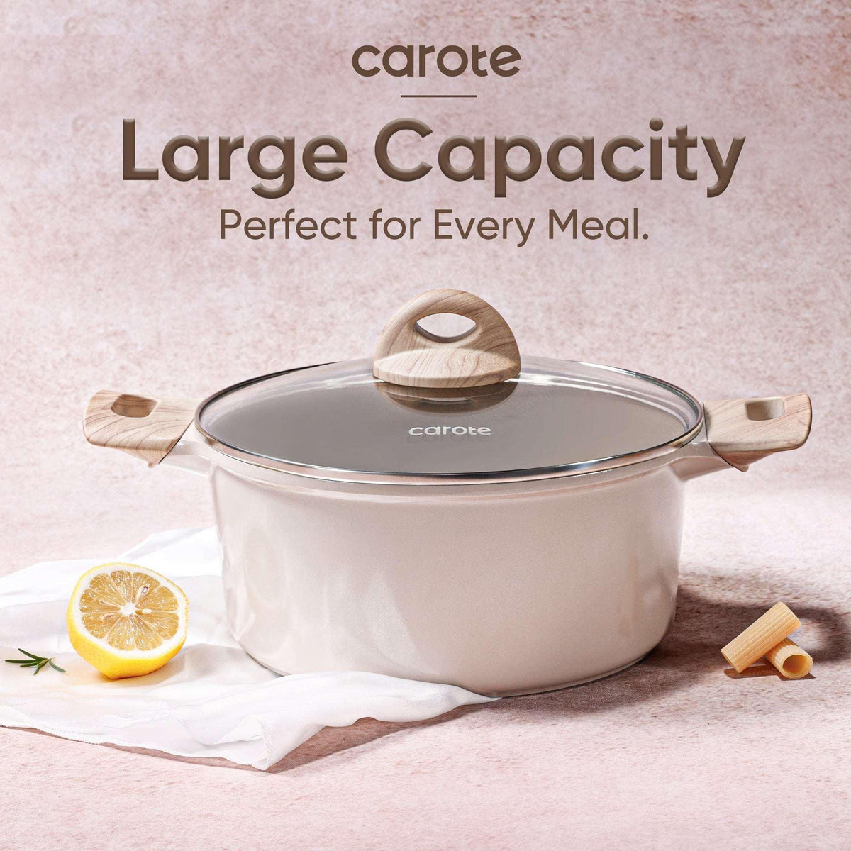 Carote Non Stick Ceramic Dutch Oven, Non Toxic Stockpot with Lid, Easy to Clean, All Stoves Compatible, 4.8QT, Taupe