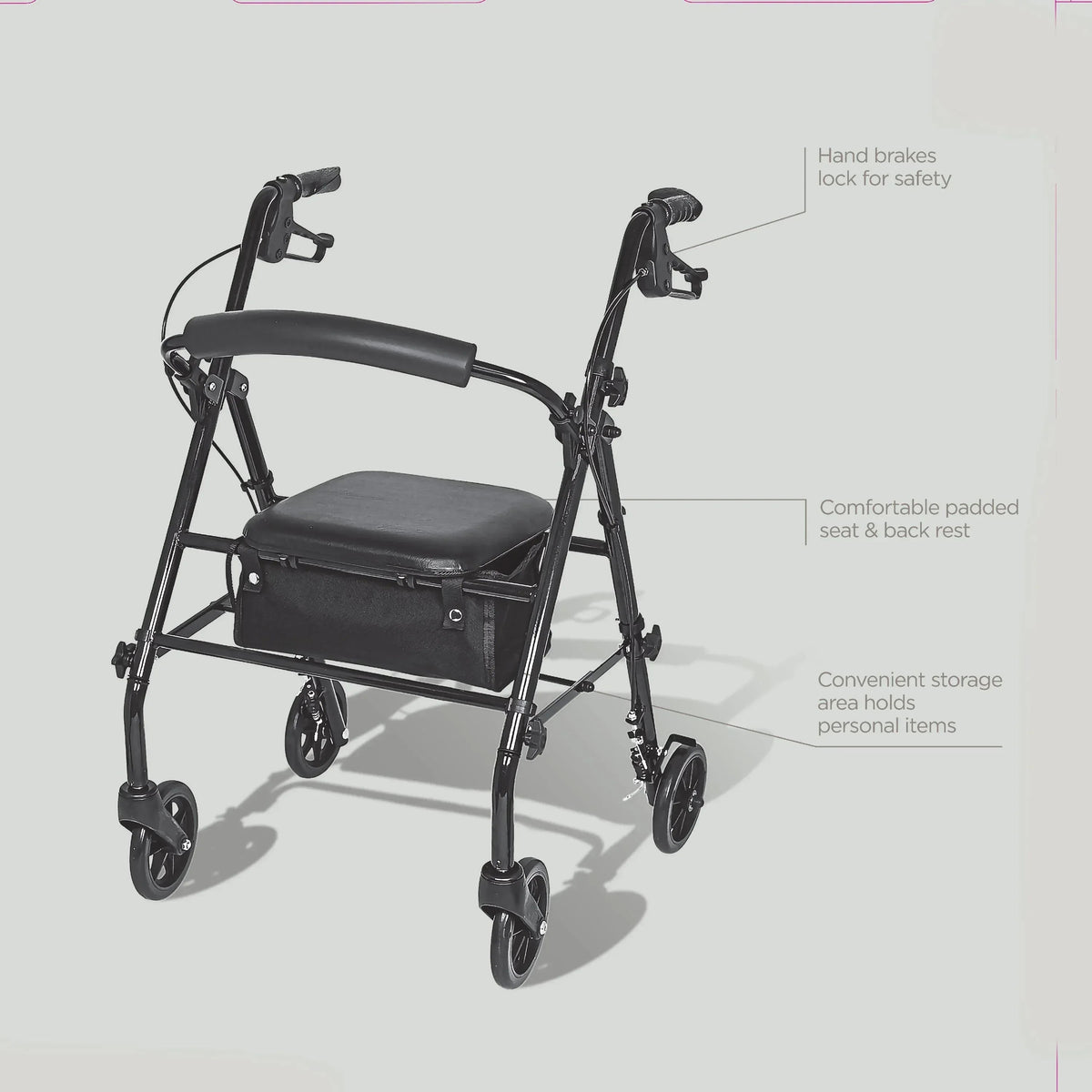 Equate Rolling Walker for Seniors, Rollator with Seat and Wheels, Black, 350 lb Capacity