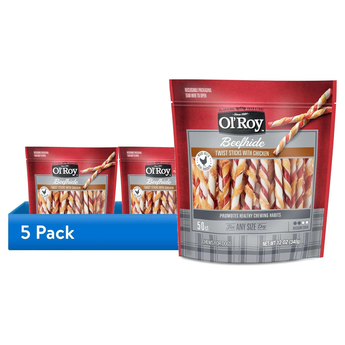 Ol'Roy Rawhide Chicken Sticks, Dog Treats, Chicken Flavor, 5 inch, 50ct Pack