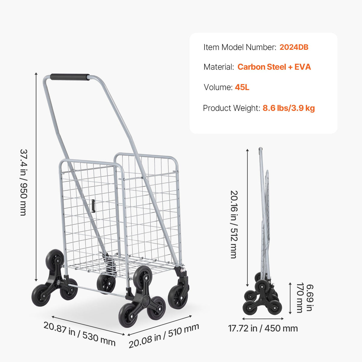 KFFKFF 45L Stair Climbing Grocery Cart with 360° Swivel Wheels, Foldable and Lightweight Utility Cart for Laundry, Travel, and Shopping, Silver