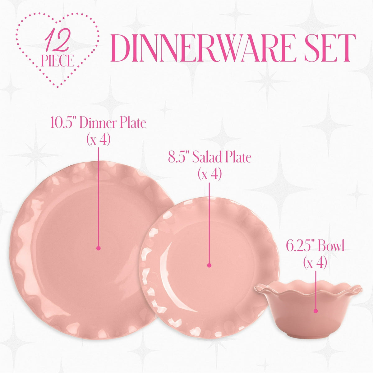 Paris Hilton Heiress Collection 12-Piece Stoneware Dinnerware Set, Plates & Bowls Dish Set, Service for 4, Microwave & Dishwasher Safe, Rose Pink with Scalloped Ruffle Rim
