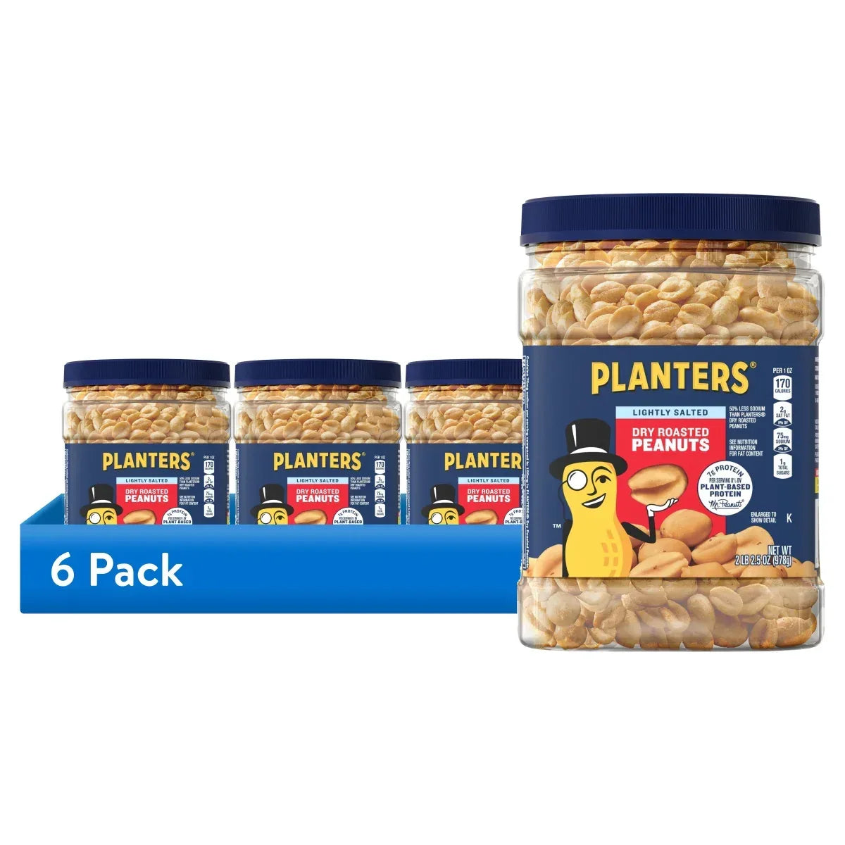 PLANTERS Lightly Salted Dry Roasted Peanuts, Party Snacks, Plant Based Protein, 2.16 lb Canister