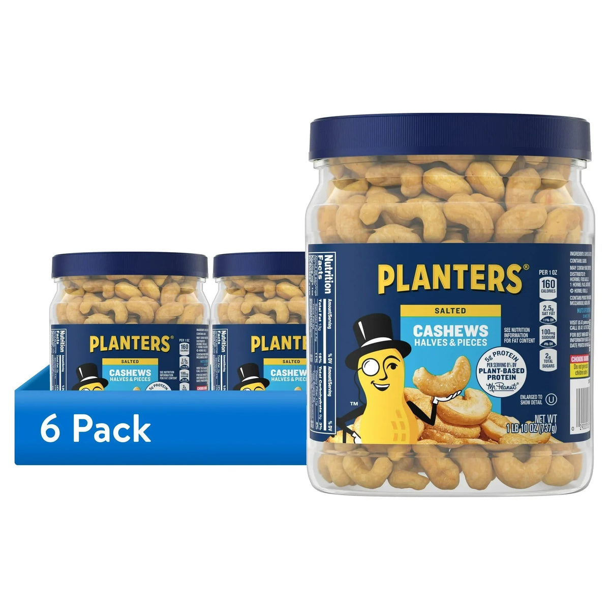 PLANTERS Salted Cashew Halves and Pieces, Party Snacks, Plant-Based Protein, 26 oz Canister