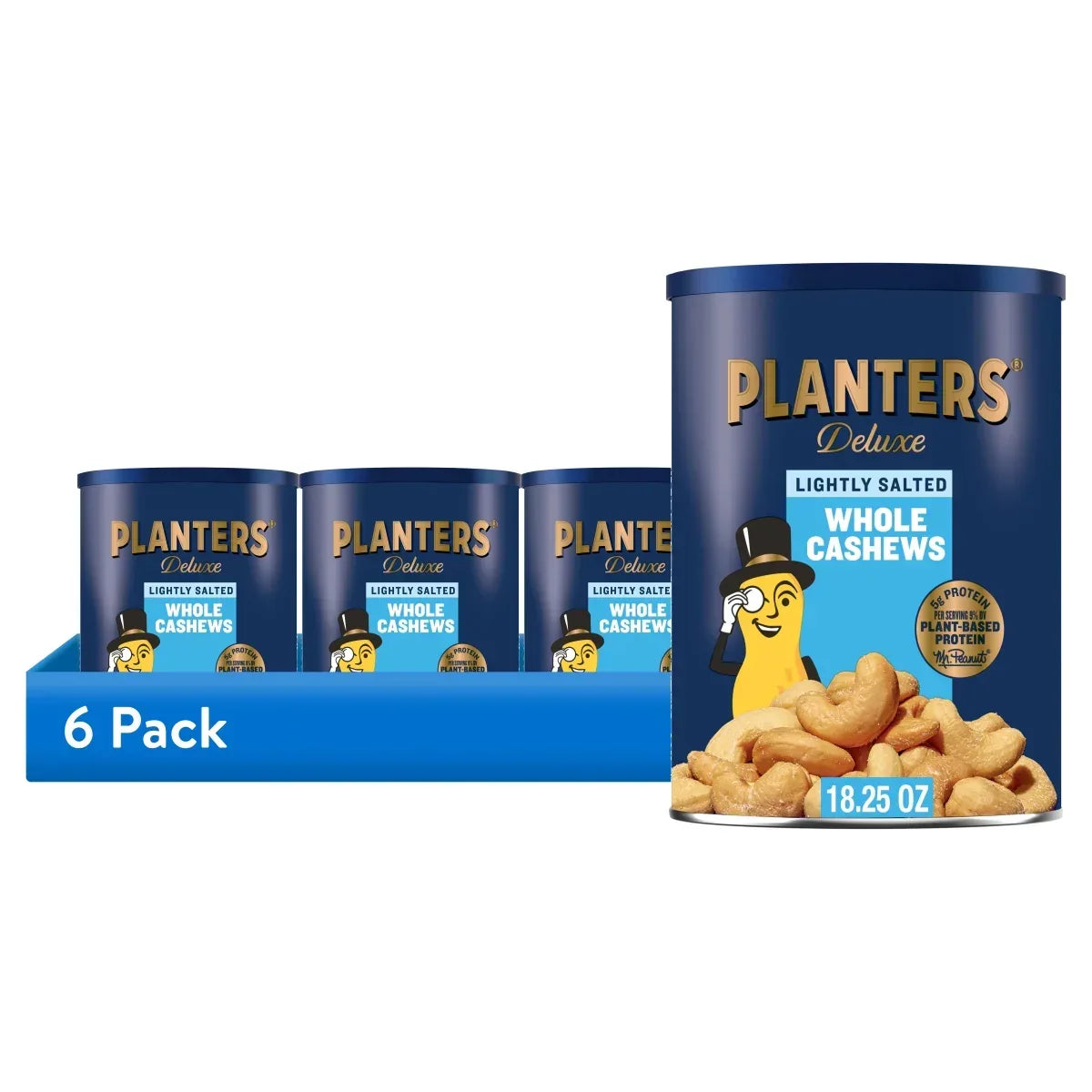 PLANTERS Deluxe Lightly Salted Whole Cashews, Party Snacks, Plant Based Protein, 18.25 oz Steel Can (1 Canister)