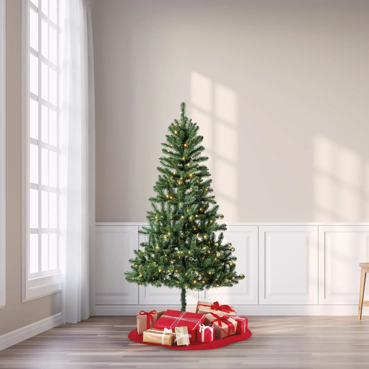 6.5 ft Pre-Lit Madison Pine Artificial Christmas Tree with 250 Color-Changing LED Lights and Stand, by Holiday Time