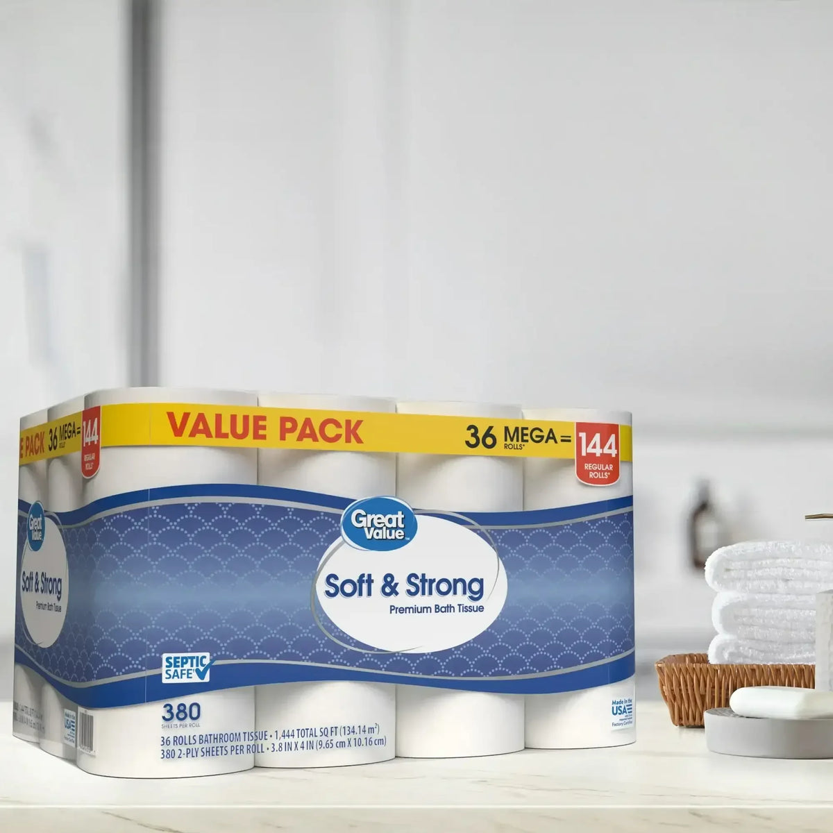 Great Value Soft & Strong Premium Toilet Paper, 36 Mega Rolls, 380 Sheets per Roll