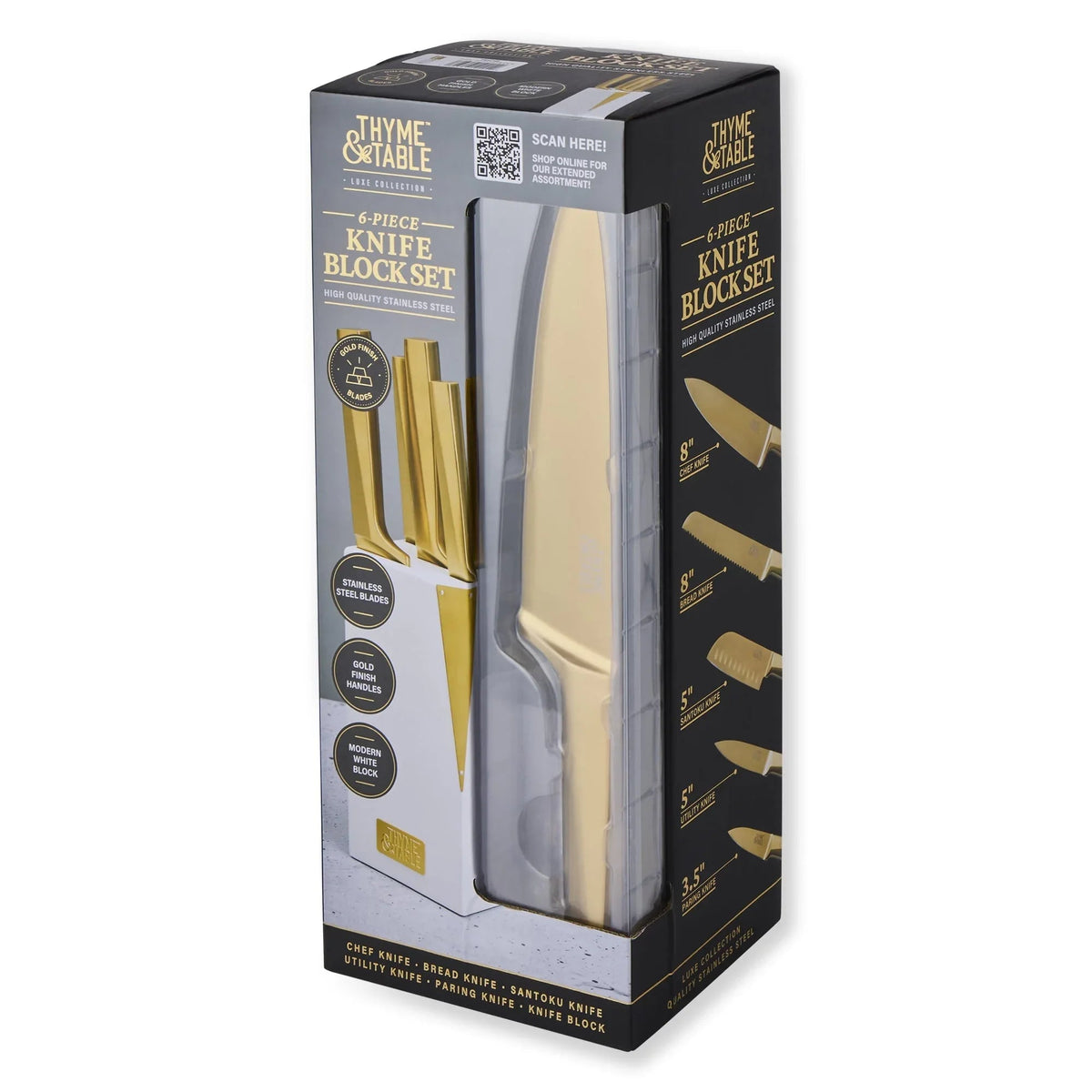 Thyme & Table 6-Piece Slim Acacia Knife Block Set with Gold Blades and White Accent Block