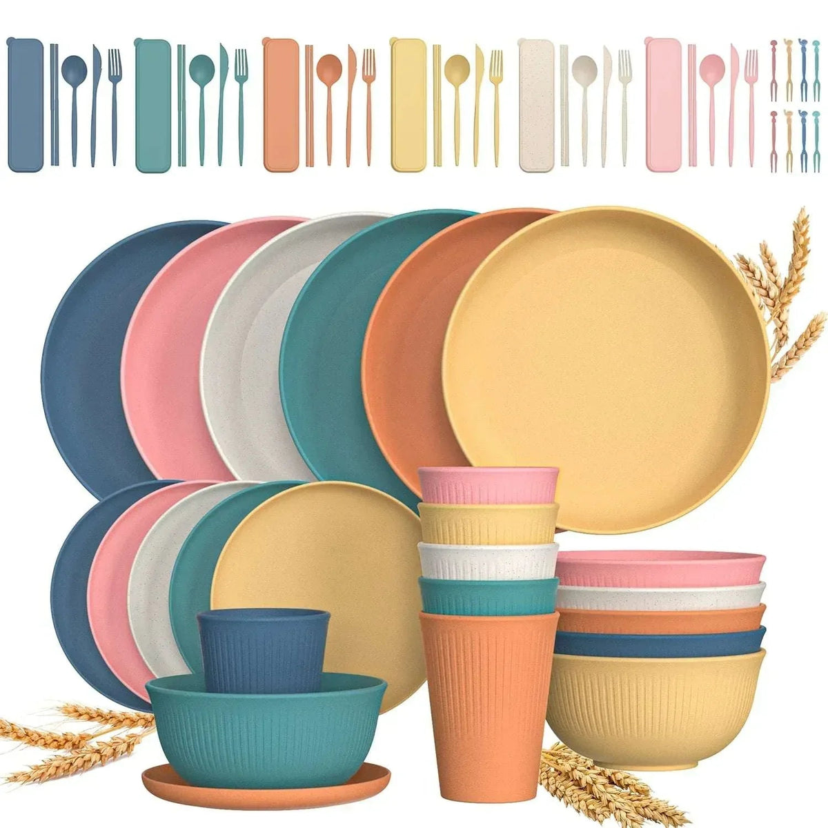 GPED 48 Pcs Wheat Straw Dinnerware Sets For 4, Unbreakable Dinnerware Sets, Reusable Wheat Straw Plates and Bowls Sets, Travel Camping Cutlery Set, Dishwasher Microwave Safe Dinnerware, Beige