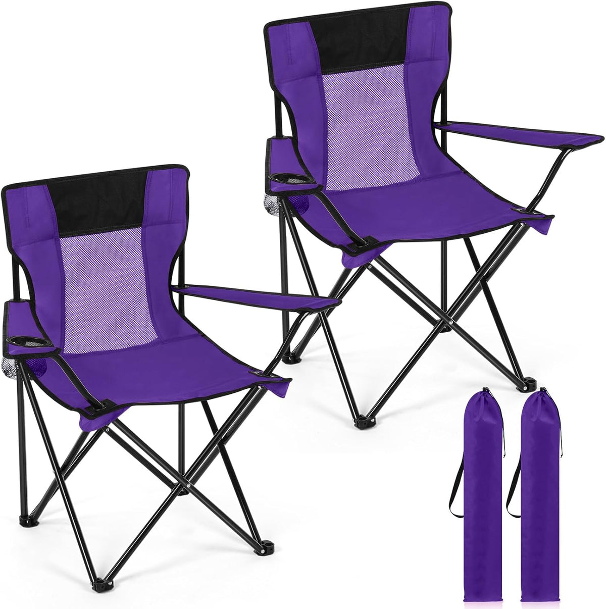 2-Pack Folding Camping Chairs with Cup Holder, Carry Bag & Side Pocket, Portable Lightweight Outdoor Lawn Chairs