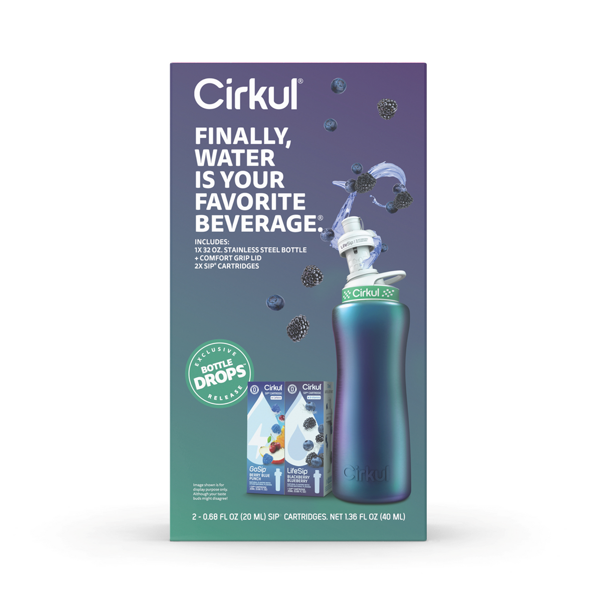 Cirkul 32oz Chameleon Stainless Steel Starter Kit with Chameleon Cirkul Lid 2.0 and 2 Flavor Cartridges (Blackberry Blueberry & Berry Blue Punch)
